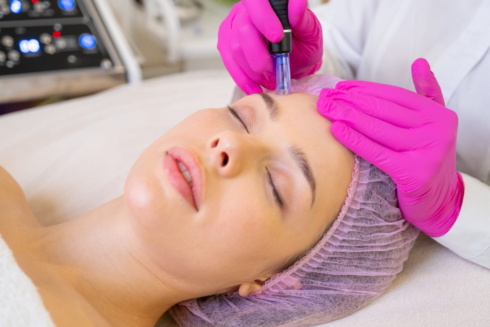 Woman in a spa salon on cosmetic procedures for facial care. Bea Woman in a spa salon on cosmetic procedures for facial care. Beautician makes skin care procedure on a face. Cosmetologist making a woman a therapeutic laser processing on a face.